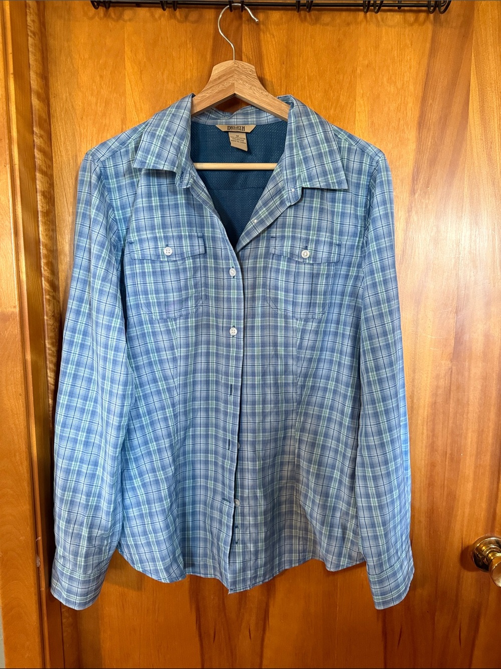 Duluth Trading Co Blue & Light Green Plaid Long-Sleeve Button-Down
